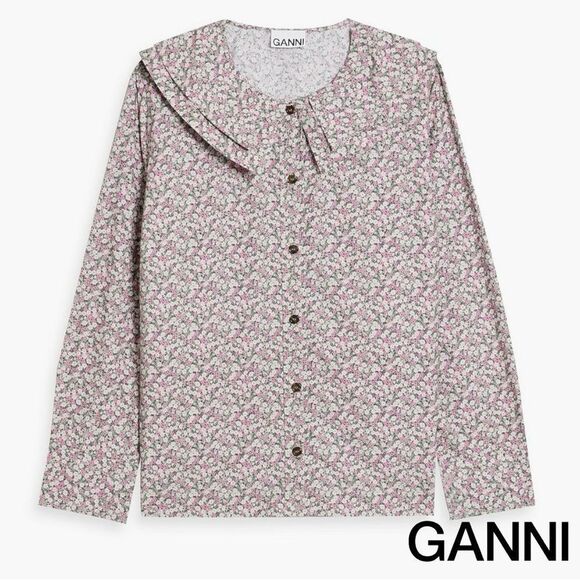 GANNI **NWT** Frost Gray Floral Print Cotton Poplin Double-Collar Shirt - Picture 15 of 16